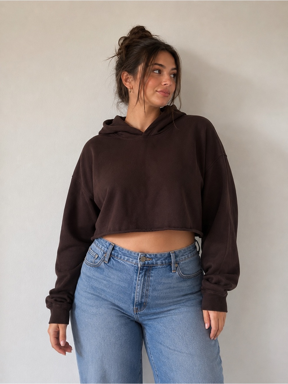 Cropped TNA Hoodie Top in Dark Brown - Women